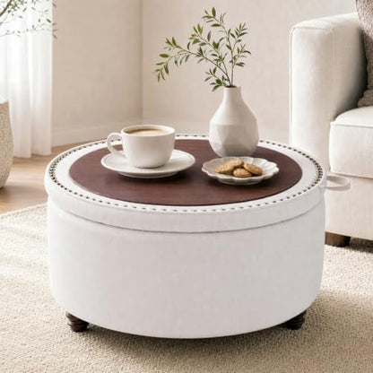 30" Round Storage Ottoman Coffee Table, Tufted Lid & Wood Top, Beige | Nailhead Trim Solid Wood Legs Extra Large Footrest Linen-Like Fabric - color: Beige