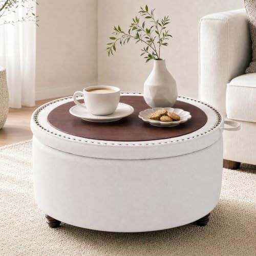 30" Round Storage Ottoman Coffee Table, Tufted Lid & Wood Top, Beige | Nailhead Trim Solid Wood Legs Extra Large Footrest Linen-Like Fabric - color: Beige