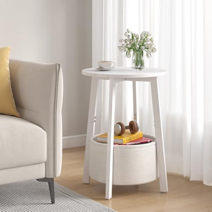 sthmec Small Round Side End Table with Cloth Storage Basket, Round Bedside Sofa Couch Coffee Tables for Small Places with Metal Frame, Modern Nighstands for Living Room Bedroom,White - color: White
