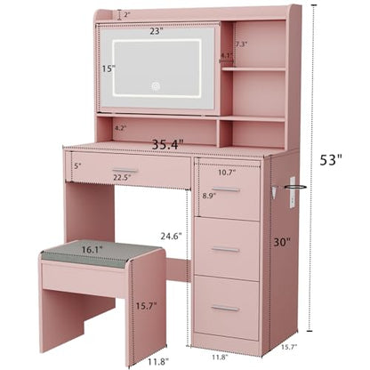 Viaozutis Vanity Desk with a Mirror and Lights，with Chair and Four Drawers, Three Adjustable Lighting Modes，with Power Outlet and Sliding LED Mirror,Bedroom Vanity Desk (Pink) - style: Pink