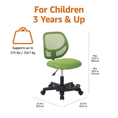 Amazon Basics Kids Adjustable Height Mesh Low-Back Swivel Desk Chair with Footrest, Rolling Computer Chair for Student Homework, Green - color: Green