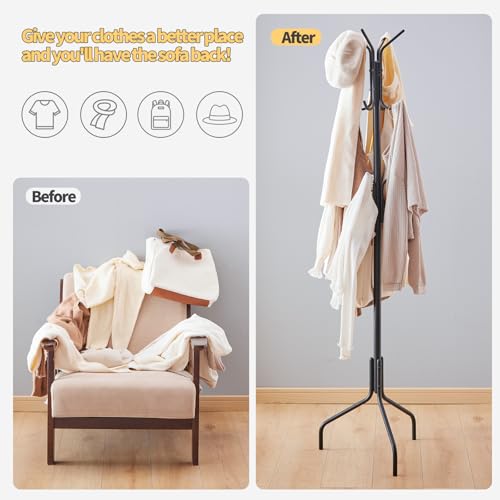 Coat Rack Freestanding,hat and coat rack stand for entryway,Living Room,Bedroom,Metal coat tree with12 Hooks and 3 Legs (Black) - color: Black