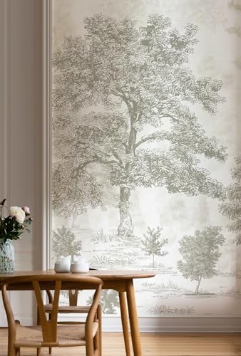 Vintage Forest Wall Murals Peel and Stick 110" H x 59" W Canvas Neutral Tree Renter Friendly Wallpaper Staircase Hallway Nursery Decor - size: 59" × 110"
