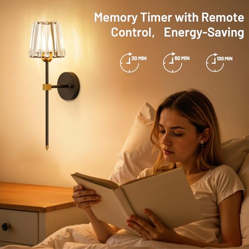 Crystal Battery Operated Wall Sconces Set of 2, Black and Gold Rechargeable Wireless Wall Lights with Crystal Lampshade, 12 RGB and 3CCT Dimmable Wall Lamps with Remote for Bedroom Living Room Hallway - color: Black and Gold