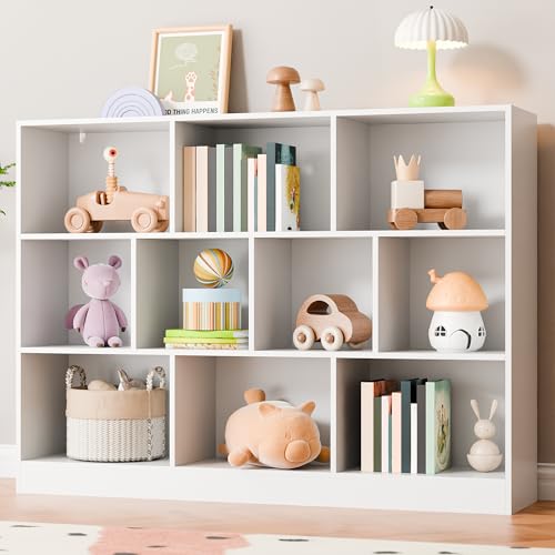 White Bookshelf, 3-Tier Open Shelf Bookcase, 10 Cube Storage Organizer with Anti-Tilt Device, Freestanding Horizontal Bookshelf Cube Shelf for Bedroom, Living Room - color: White, size: 43.31"W x 33.07"H