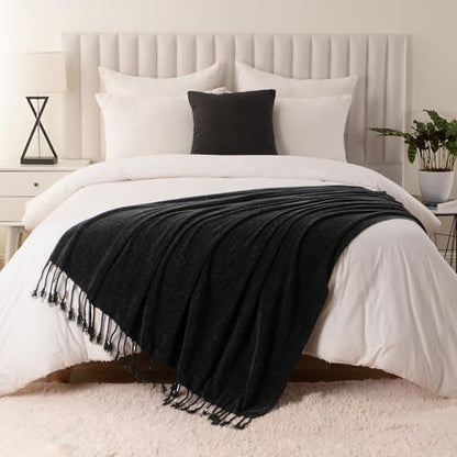 BATTILO HOME Black Chenille Throw Blanket, 50 x 60 Inches | Soft Chenille Knit with Handmade Fringe Tassels, Lightweight, Cozy and Less Prone to Tangling for Couch, Bed or Chair - color: Black