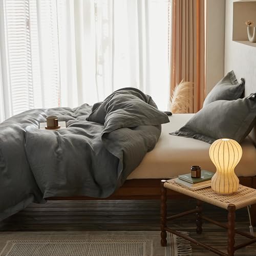 Simple&Opulence 100% Linen Duvet Cover Set with Crossed Embroidery Washed - 3 Pieces (1 Duvet Cover with 2 Pillow Shams) Soft Breathable Farmhouse - Cushing Green, Queen Size - color: Crossed-cushing Green, size: Queen