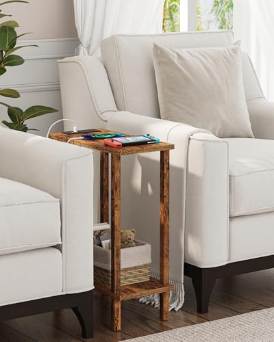 TUTOTAK Narrow Side Table, 2-Tier Small End Table with Charging Station | Skinny Sofa Table, Slim Nightstand, Easy Assembly for Living Room, Bedroom, Pure Brown TB01BB060C - color: Pure Brown, size: 2-tier