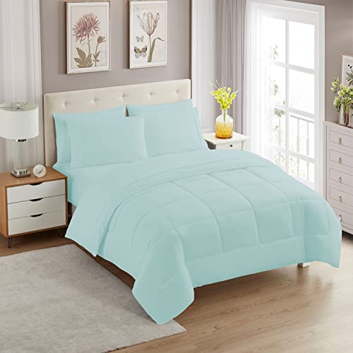 Sweet Home Collection 7 Piece Comforter Set Bag Solid Color All Season Soft Down Alternative Blanket & Luxurious Microfiber Bed Sheets, Aqua, Queen - color: Aqua, size: Queen