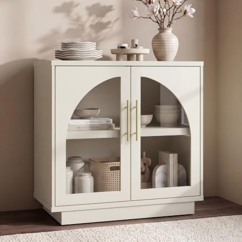 Fatmok Arched Glass Sideboard Buffet Accent Cabinet, 31.5" Display Credenza with Adjustable Shelf,1-Piece Modular Coffee Station Storage for Kitchen Living Room Bedroom, Beige(Not White) - color: D-beige
