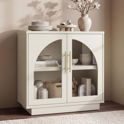 Fatmok Arched Glass Sideboard Buffet Accent Cabinet, 31.5" Display Credenza with Adjustable Shelf,1-Piece Modular Coffee Station Storage for Kitchen Living Room Bedroom, Beige(Not White) - color: D-beige
