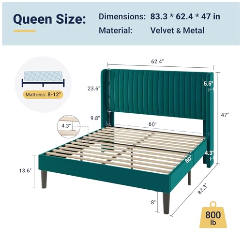 Allewie Queen Size Bed Frame/Velvet Upholstered Platform Bed/Vertical Channel Tufted Wingback Headboard/Strong Wooden Slats/No Box Spring Needed/Easy Assembly/Teal - color: Teal, size: Queen