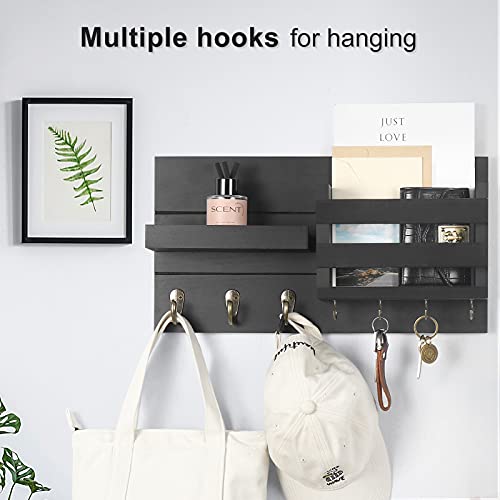 Lwenki Mail Organizer for Wall Mount – Key Holder with Shelf Includes Letter Holder and Hooks for Coats, Dog Leashes – Rustic Wood with Flush Mounting Hardware (16.5” x 8.7” x 3.5”) - color: Black