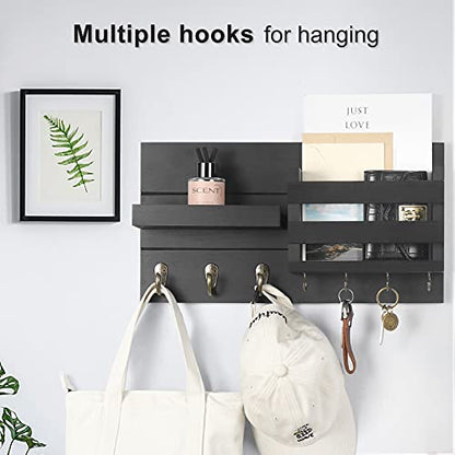 Lwenki Mail Organizer for Wall Mount – Key Holder with Shelf Includes Letter Holder and Hooks for Coats, Dog Leashes – Rustic Wood with Flush Mounting Hardware (16.5” x 8.7” x 3.5”) - color: Black