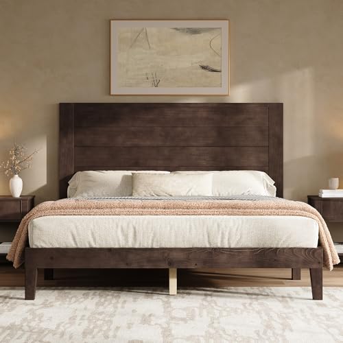 AMERLIFE Full Size Solid Wood Bed Frame with 48" Headboard Design, Walnut | Solid Wood Platform, 48" Headboard, Mid Century Style, Silent Wood Slats, Walnut Finish - color: Walnut, size: Full