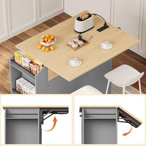 HOOBRO Kitchen Island with Drop Leaf Countertop & Power Outlet, Rolling Island Cart on Wheels, Kitchen Cart with Drawer & Spice Rack, Mobile Island Table for Kitchen, Natural and Grey GN86UZD01 - color: Natural + Grey