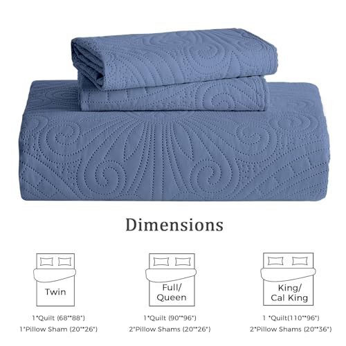 WURUIBO Full/Queen Quilt Set Bluish Grey,Ultrasonic Embossed Bedspread, Lightweight Microfiber Coverlet, Modern Thin Bedding Set for All Season, 3 Piece(1 Quilt,2 Pillow Shams) - color: Bluish Grey, size: Full/Queen(90"x96")