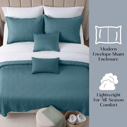 Clara Clark Quilts Twin Size - All Season Bedspread Coverlet Set, Pinsonic Weave Lightweight Bedding Set - 5 Piece Twin Quilt Set with Pillow Shams, Stone Blue - Twin Ellipse - color: 26 – Stone Blue – Ellipse, size: Twin