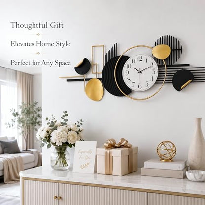 HAVFIFK 59" Large Metal Wall Clock,3D Silent Clock for Living Room | Layered Geometric Design, Easy to Install, Vertical or Horizontal Hanging Wall Art Decor for Bedroom, Dining Room, Office.