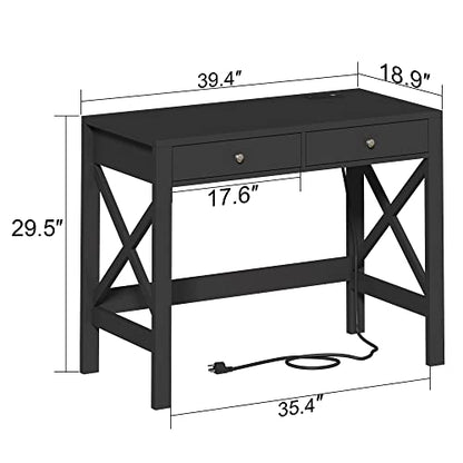 ChooChoo 40 Inches Farmhouse Computer Desk with 2 Drawers & Power Outlets | Wooden Writing Desk, Study Desk for Home Office, Makeup Vanity, Black - color: Black, size: 40inch with Power Outlet