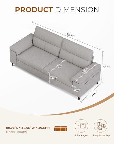 Upvilla 88.97" Modern Sofa Couches for Living Room(Light Gray) | 8”Cushion, Comfy 2-Seater Chenille Loveseat with Convertible Armrest, Removable Sofa Cover, High Leg - color: Light Gray, size: 88.97" Couch