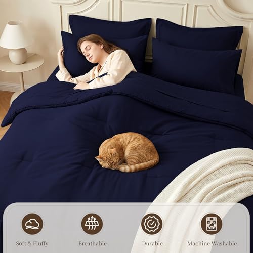 California King Comforter Set 7 Pieces - Ultra-Soft Bed in a Bag, Cozy Luxury All Season Bedding Sets with Comforter, Flat Sheet, Fitted Sheet, 2 Pillow Shams & 2 Pillowcases, Navy Blue - color: Navy Blue, size: California King