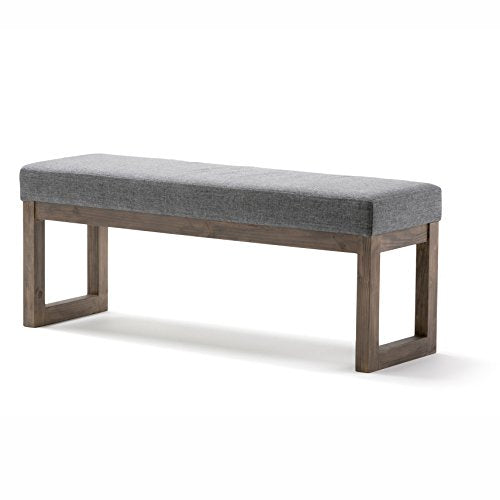 SIMPLIHOME Milltown 44" Wide Linen Look Rectangle Ottoman in Grey | Contemporary ottoman bench, footstool or footrest with a cushioned seat for extra seating in bedroom or entryway. - color: Grey, style: Large Ottoman Bench