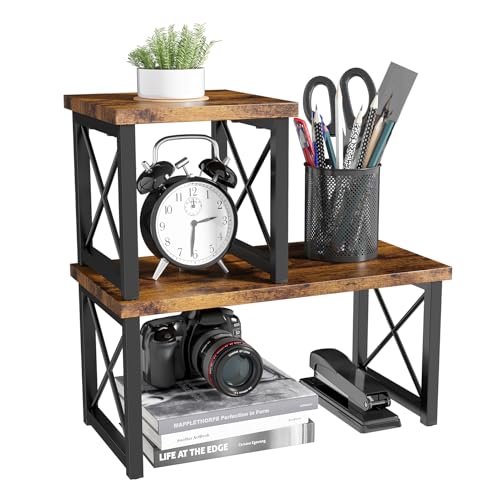 HavenlyYouth Desk Shelf, 2 Tier Wood Desktop Bookshelf, Adjustable Freestanding Stackable Desk Organizer, Desktop Shelf Organizer Storage Rack, Desk Display Rack for Office, Home, Rustic
