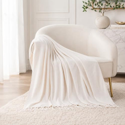 BATTILO HOME Cream White Chenille Throw Blanket, 50 x 60 Inches | Soft Chenille Knit with Handmade Fringe Tassels, Lightweight, Cozy and Less Prone to Tangling for Couch, Bed or Chair - color: Cream White
