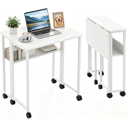Folding Desk Small Rolling Desk with Storage Shelf,24.8 Inch Foldable Computer Table with Wheels,Portable Office Desk for Small Space Sofa Table,Easy to Fold,Writing Work Office Computer Desk,White - color: 24.8" White