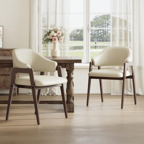 MALOL Wooden Dining Chairs Set of 2, Faux Leather, Curved Open Back, Khaki - color: Khaki, size: Set of 2