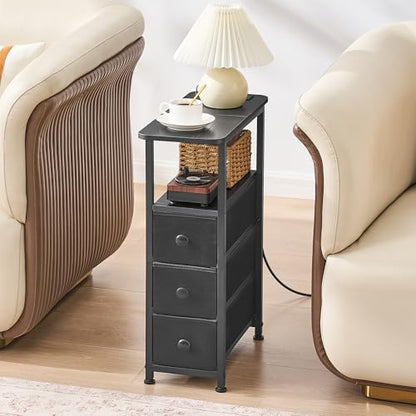 Narrow End Table with Charging Station, Narrow Side Table with Drawer, Small Nightstand with LED Light, Skinny Nightstand, Small Bedside Table for Living Room, Bedroom, Couch, Black - color: Black, size: 7.9" W x 18.9" D, style: Power + Light