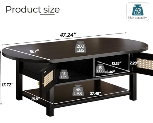 LVB Oval Coffee Table, 47" Rattan Boho Wood Living Room Table with Storage | Modern 2-Tier Cocktail Tea Table with Doors & Open Shelf, Farmhouse Vintage Center Tables for Bedroom Office, Black Oak - color: Black Oak