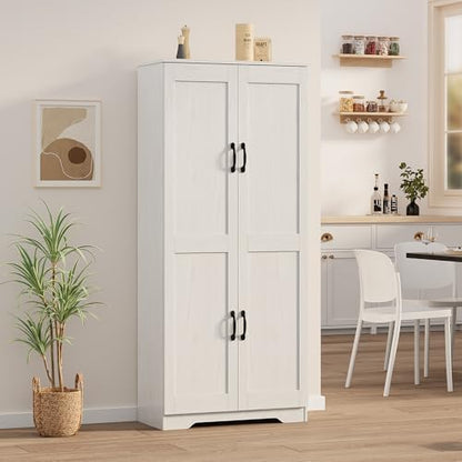 Garvee Kitchen Pantry Cabinet, Freestanding White Pantry Storage Cabinet, 60 in Cupboard, Tall Bathroom Storage Cabinet with 2 Doors and Adjustable Shelves, for Dining Room, Living Room, White | Kitchen Storage Cabinet with 2 Doors & Adjustable Shelves, W