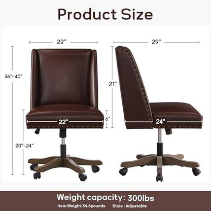Upholstered Armless Office Chair Faux Leather Swivel Home Desk Office Chair | Modern Comfy Boho Office Chair with Wheels Adjustable Desk Chair no Arms for Sewing Women Farmhouse Study Studio PU Reddish - color: Reddish