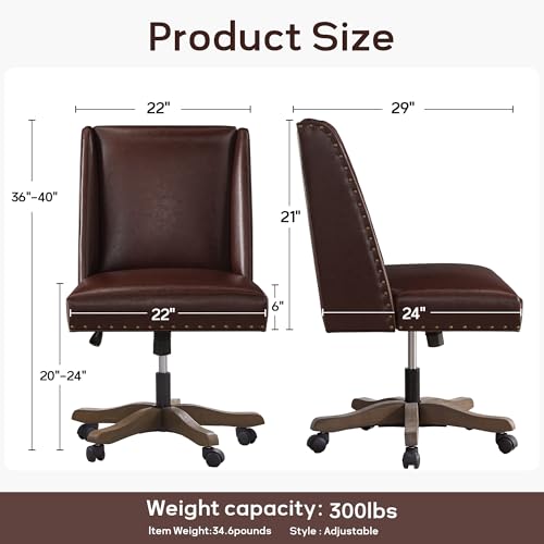 Upholstered Armless Office Chair Faux Leather Swivel Home Desk Office Chair | Modern Comfy Boho Office Chair with Wheels Adjustable Desk Chair no Arms for Sewing Women Farmhouse Study Studio PU Reddish - color: Reddish