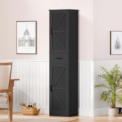 TEENFON Tall Bathroom Cabinet, Storage Cabinet with 6 Shelves & Drawer, Bathroom Storage Cabinet with Adjustable Shelves, Tall Cabinet for Living Room, Home Office, Black - color: Black