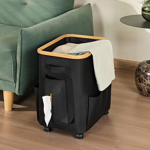 50L Small Clothes Hamper, Small Landry Hamper with Lid Rolling Collapsible Laundry Hamper with Detachable Wheels Bamboo Frame 7 Oxford Storage Pockets for Bathroom Bedroom Salon RV, Black - color: Black