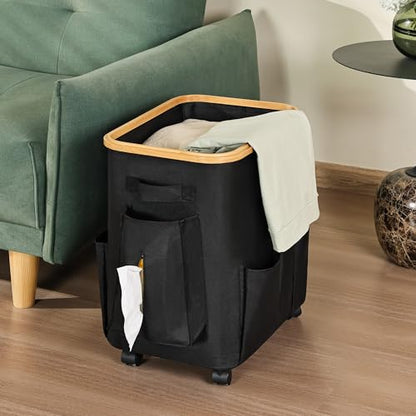 50L Small Clothes Hamper, Small Landry Hamper with Lid Rolling Collapsible Laundry Hamper with Detachable Wheels Bamboo Frame 7 Oxford Storage Pockets for Bathroom Bedroom Salon RV, Black - color: Black