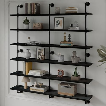 HDDFER Floating Shelves for Wall Living Room Shelves Bookshelf Industrial Pipe Shelving Shelf Real Wood Planks 60 inch Rustic Wall Shelves Hanging Bookshelves Farmhouse Kitchen Bar Shelving - color: Black, size: 6Tier60in