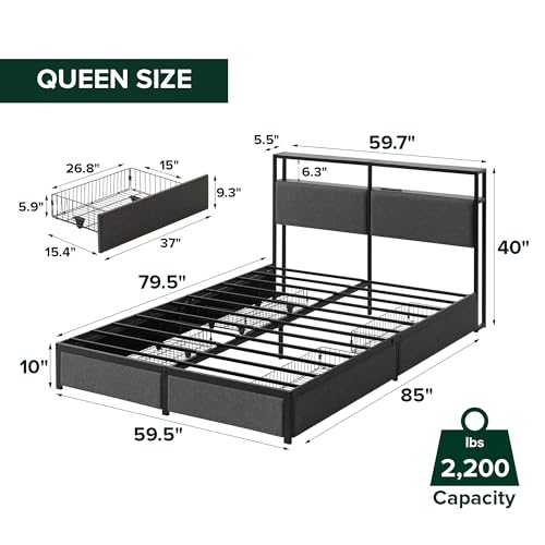 Zinus Michael Upholstered Platform Bed Frame, Four Underbed Drawers, Queen | Space-Saving Two-Tier Headboard Storage, Mood Setting RGB LED Lights, Built-in USB Charging Station, Ambient Night Light - size: Queen