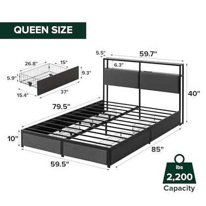 Zinus Michael Upholstered Platform Bed Frame, Four Underbed Drawers, Queen | Space-Saving Two-Tier Headboard Storage, Mood Setting RGB LED Lights, Built-in USB Charging Station, Ambient Night Light - size: Queen