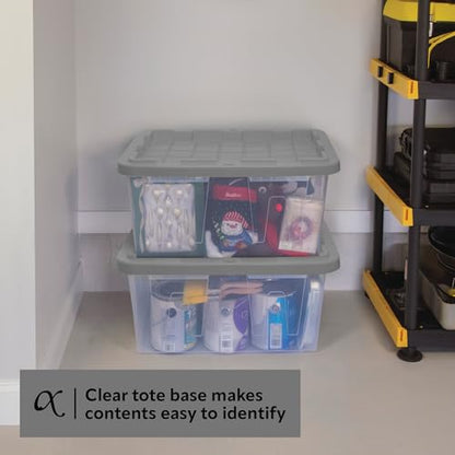 CX 27-Gallon Heavy Duty Clear Stackable Storage Bins with Lids, 2 Pack | Clear plastic totes for garage organization, Stackable, weather-resistant, snap lids, 14.3H x 20.6W x 30.6D, Clear/gray - size: 2 Pack, style: Clear & Gray