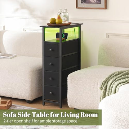 Yoobure LED Narrow Nightstand with Charging Station - Slim Dresser for Bedroom Narrow Side Table Storage Cabinet, Small Dressers Chest of Drawers, Tall Skinny Night Stand End Table for Small Spaces - color: Deep Black