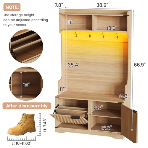 Maupvit 67" Modern Fluted Hall Tree with Storage Bench, LED Lights, Oak | 5-in-1 Entryway Bench with Coat Rack, 4 Hooks, Adjustable Shelves & Flip Drawers, Mudroom Furniture Organizer to Hide Clutter