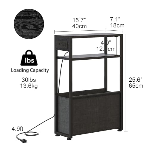 Leomonio Narrow Side Table with Charging Station, Slim End Tables with Linen Basket, Skinny Table for Small Spaces, Thin Bedside Table for Living Room, Bedroom - color: Ebony Black + Slate Gray - Outlet