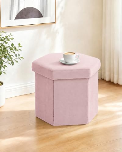 B FSOBEIIALEO Storage Ottoman Cube Hexagonal Pouf Ottomans, Foot Rest Seat for Sofa Footrest Entryway Shoe Footstool for Living Room/Bedroom/Entrway Velvet Pink 16.93"x15"x15" - color: Pink