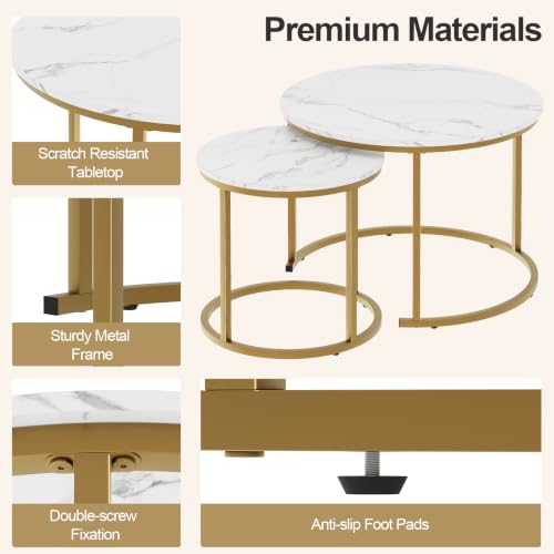 aboxoo Nesting Coffee Table Round Tables for Living Room,Faux Marble Round Accent Table with Gold Metal Frame,Modern Stackable End Table for Living Room Bedroom Small Space - color: White Marble & Gold