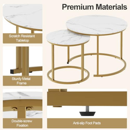 aboxoo Nesting Coffee Table Round Tables for Living Room,Faux Marble Round Accent Table with Gold Metal Frame,Modern Stackable End Table for Living Room Bedroom Small Space - color: White Marble & Gold
