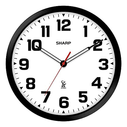 Sharp 12-Inch Atomic Wall Clock, Battery Operated, White with Black Frame | Self-setting atomic time; Easy-read analog face; Automatic time adjustment; Simple setup; Versatile home or office style - color: Black / White, size: Large